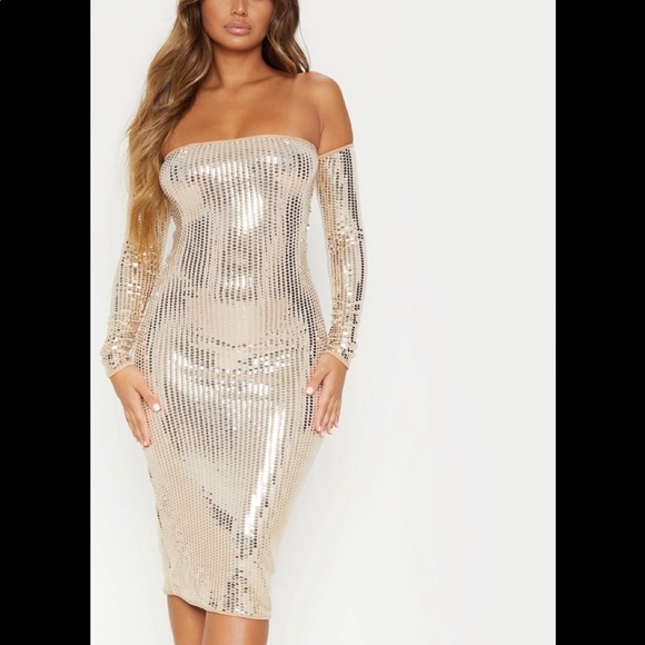 Gold Mirrored Sequin Bardot Midi Dress - Picture 1 of 6
